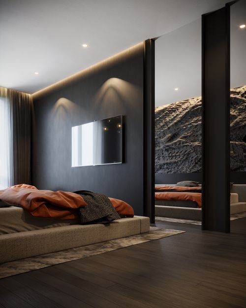 Free Explore this elegant modern bedroom featuring sleek design, ambient lighting, and a wall-mounted TV. Stock Photo