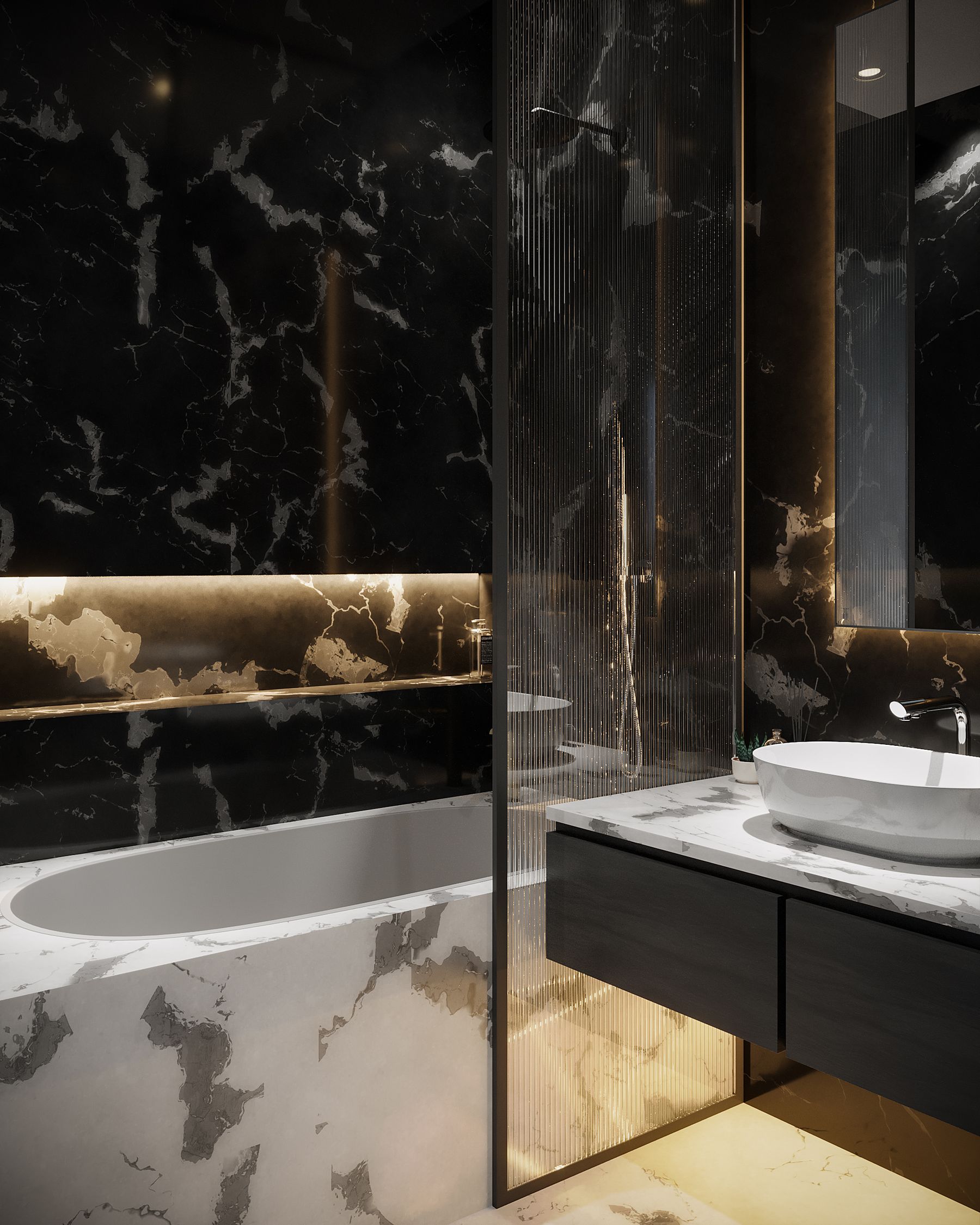 High-end bathroom with dark marble surfaces and contemporary fixtures
