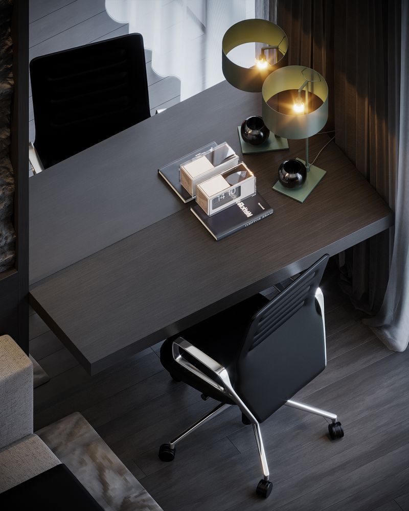 Stylish modern office setup with sleek desk and ambient lighting