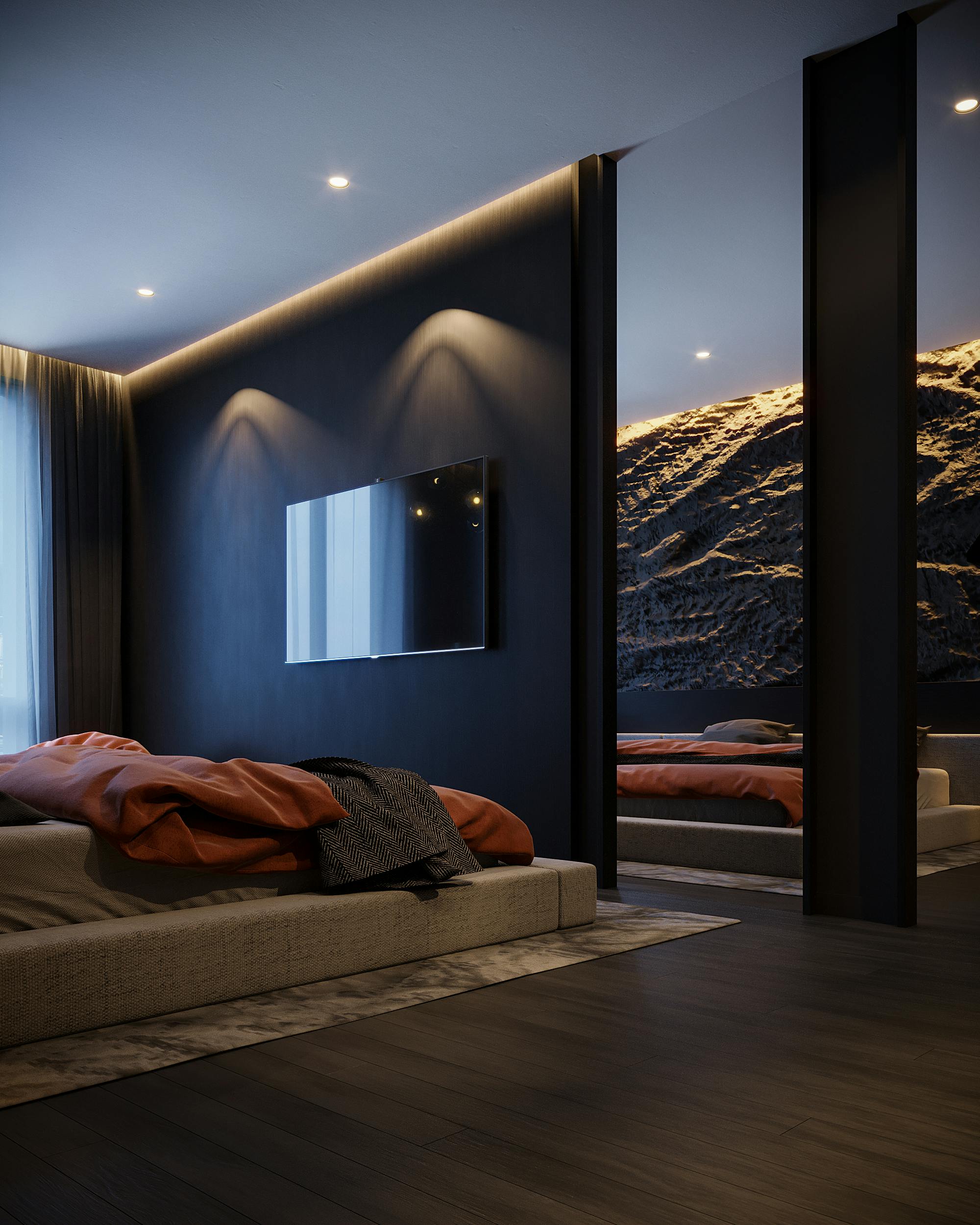Sophisticated contemporary bedroom with warm lighting, featuring a sleek flat-screen TV and stylish decor.