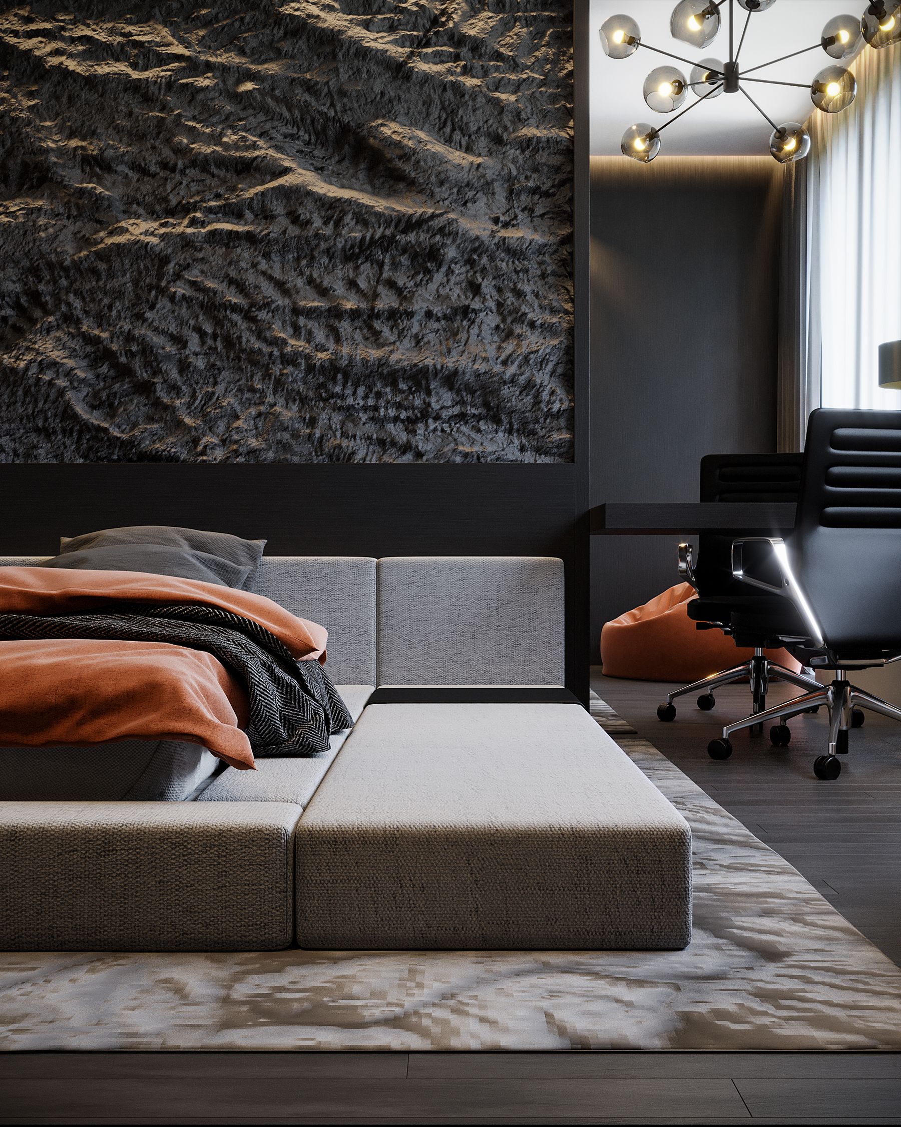 Modern bedroom with a gray upholstered bed, subtle gray layers and textured wall art