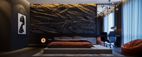 Free Sophisticated modern bedroom with unique lighting and artistic wall design, perfect for interior design inspiration. Stock Photo