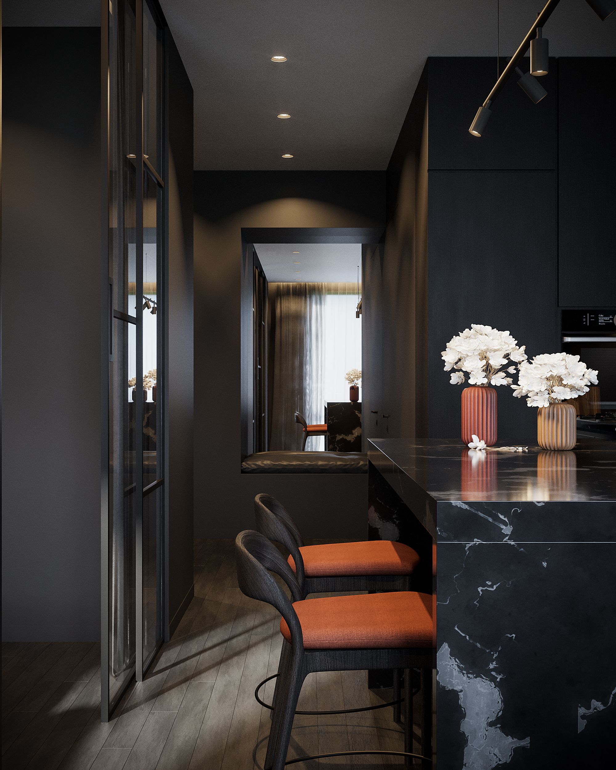 Black marble kitchen countertop with visible pale veining and reflective highlights