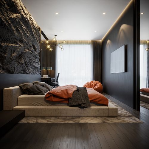 Free A sleek and stylish minimalist bedroom featuring elegant decor and modern design elements. Stock Photo