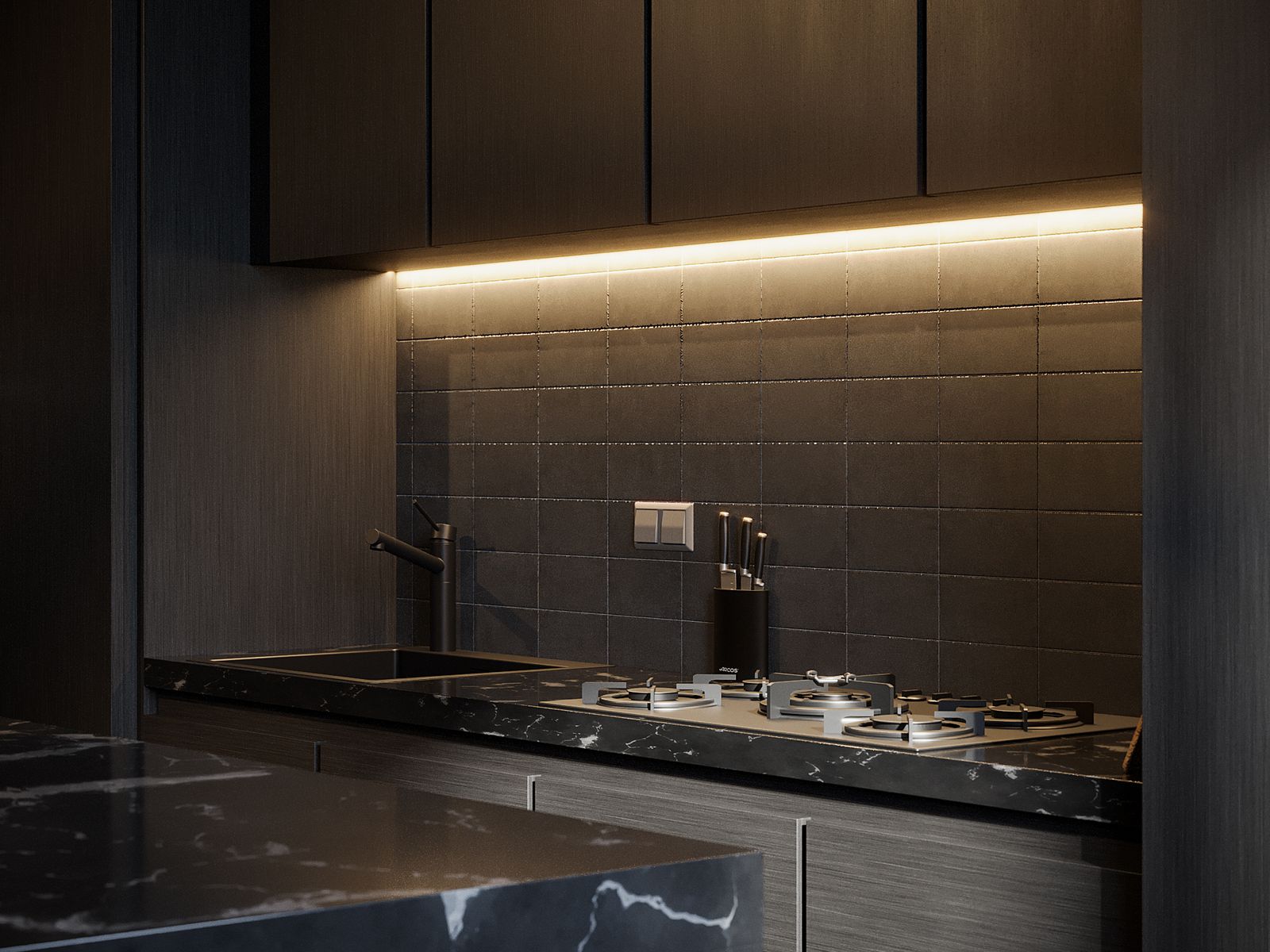 Matte PU finished kitchen shutters in deep charcoal with champagne accent lighting