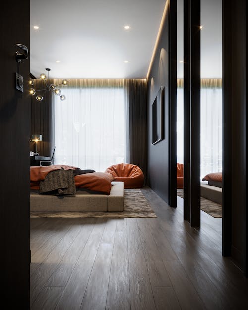 Free Orange Pouf in Corner of Bedroom Stock Photo