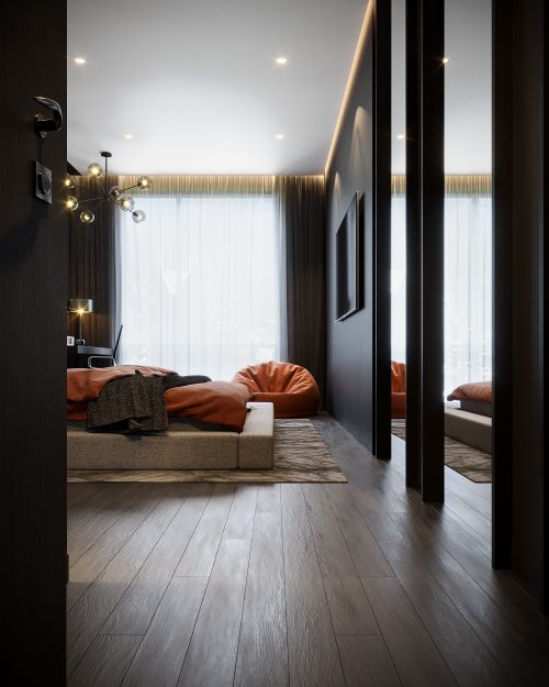 Free Elegant modern bedroom featuring contemporary furnishings, large windows, and warm lighting. Stock Photo