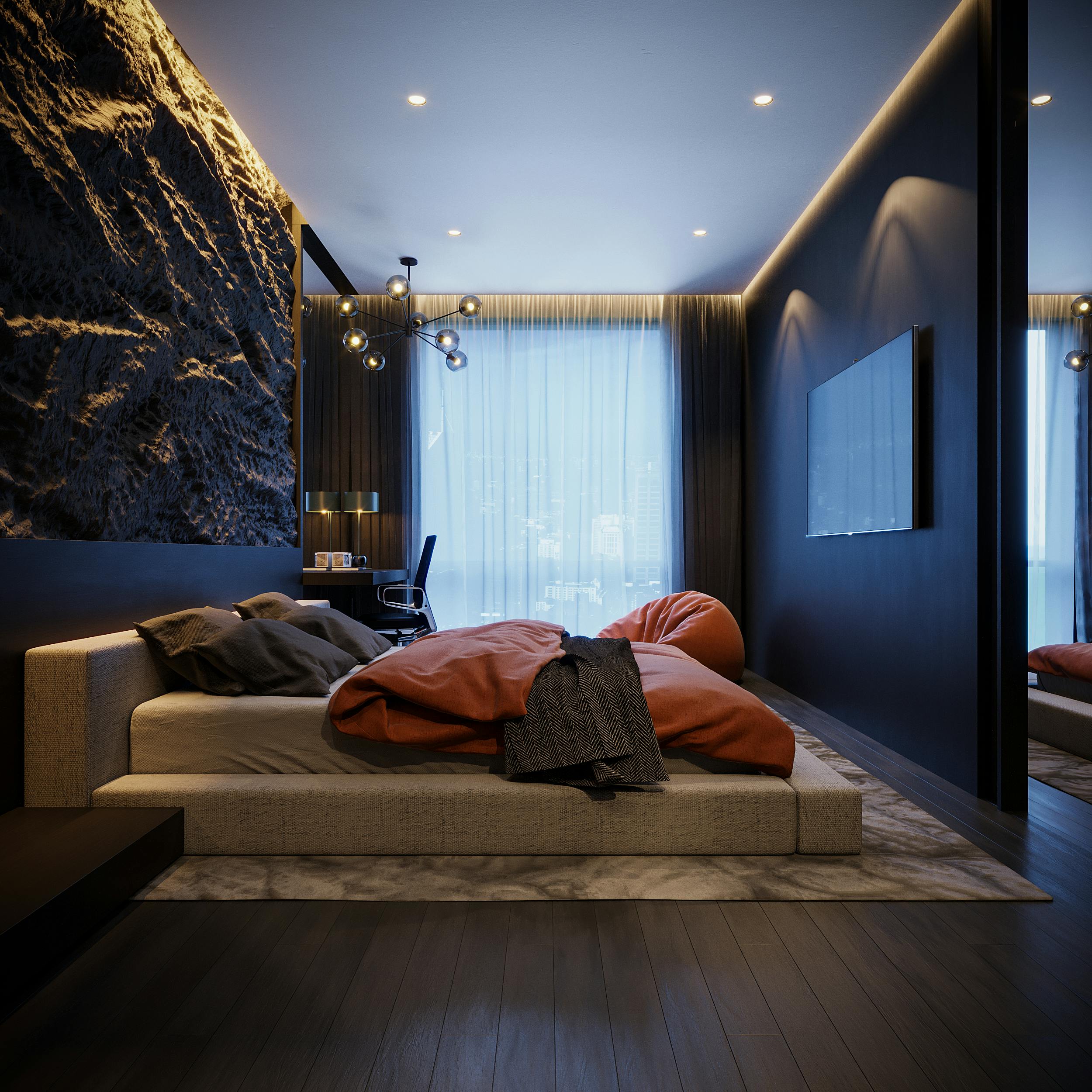 A sleek and stylish modern bedroom featuring a chic design with elegant lighting and decor.