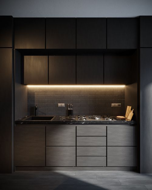 Free Dark-themed modern kitchen featuring sleek cabinets, sink, and stove with ambient lighting. Stock Photo
