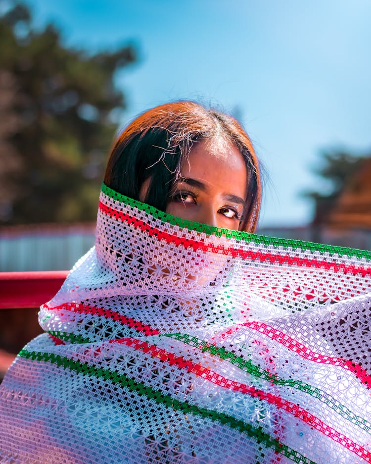 Woman In Red White And Blue Scarf