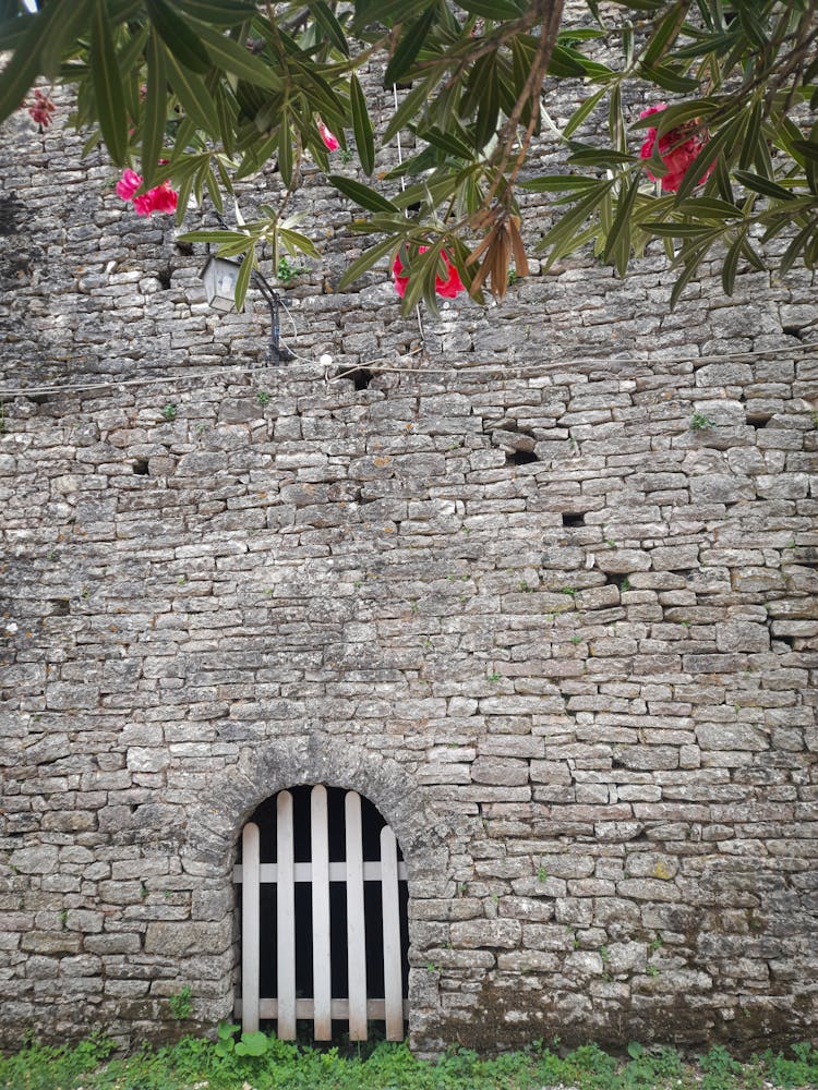 Wooden Door On An Arched Stone Wall