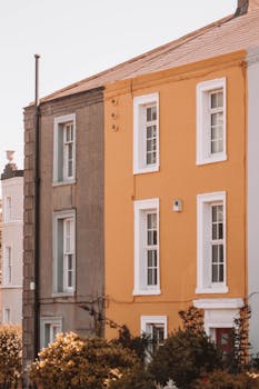 A picturesque street view featuring vibrant and classic row houses in warm sunlight.