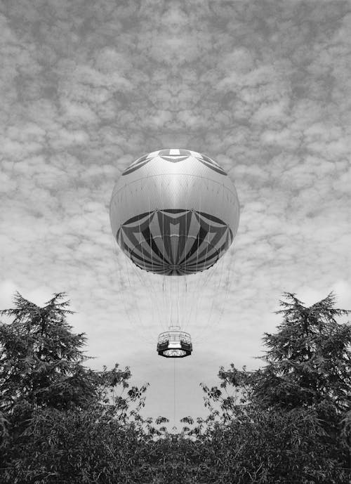 Grayscale Photo of a Hot Air Balloon
