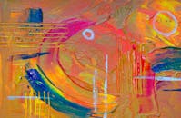 这幅色彩缤纷的抽象表现主义绘画，在画布上使用丙烯酸颜料创作，展现了生动的纹理与图案