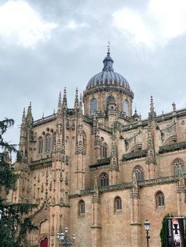 A detailed capture of the majestic Salamanca Cathedral's facade in Spain.