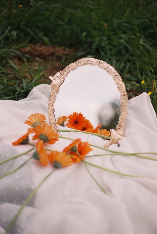Flowers and a Little Mirror on a Blanket Outdoors 