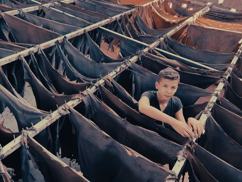 Free A young boy works in a traditional leather tannery, surrounded by hanging hides. Stock Photo