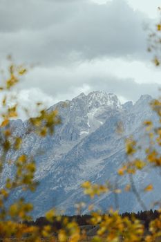 Majestic rocky mountain peak framed by autumn leaves under a cloudy sky, perfect for nature lovers.