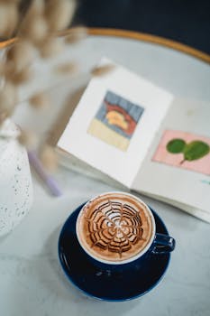 Enjoy a beautifully crafted latte art alongside an open art book in a cozy café setting.