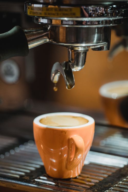 Free A close-up shot of freshly brewed espresso dripping into a cup from a coffee machine. Stock Photo