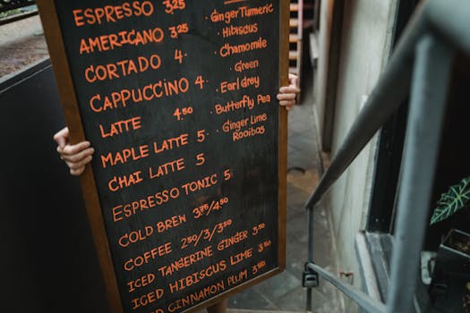 Close-up of a cafe menu on blackboard held by a person indoors, listing various coffee and tea options.