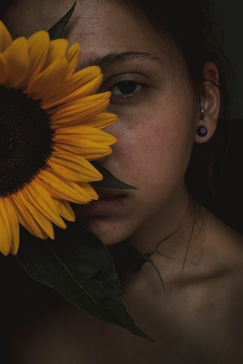 Frau, Die Sich Auf Sonnenblumenfotografie Versteckt