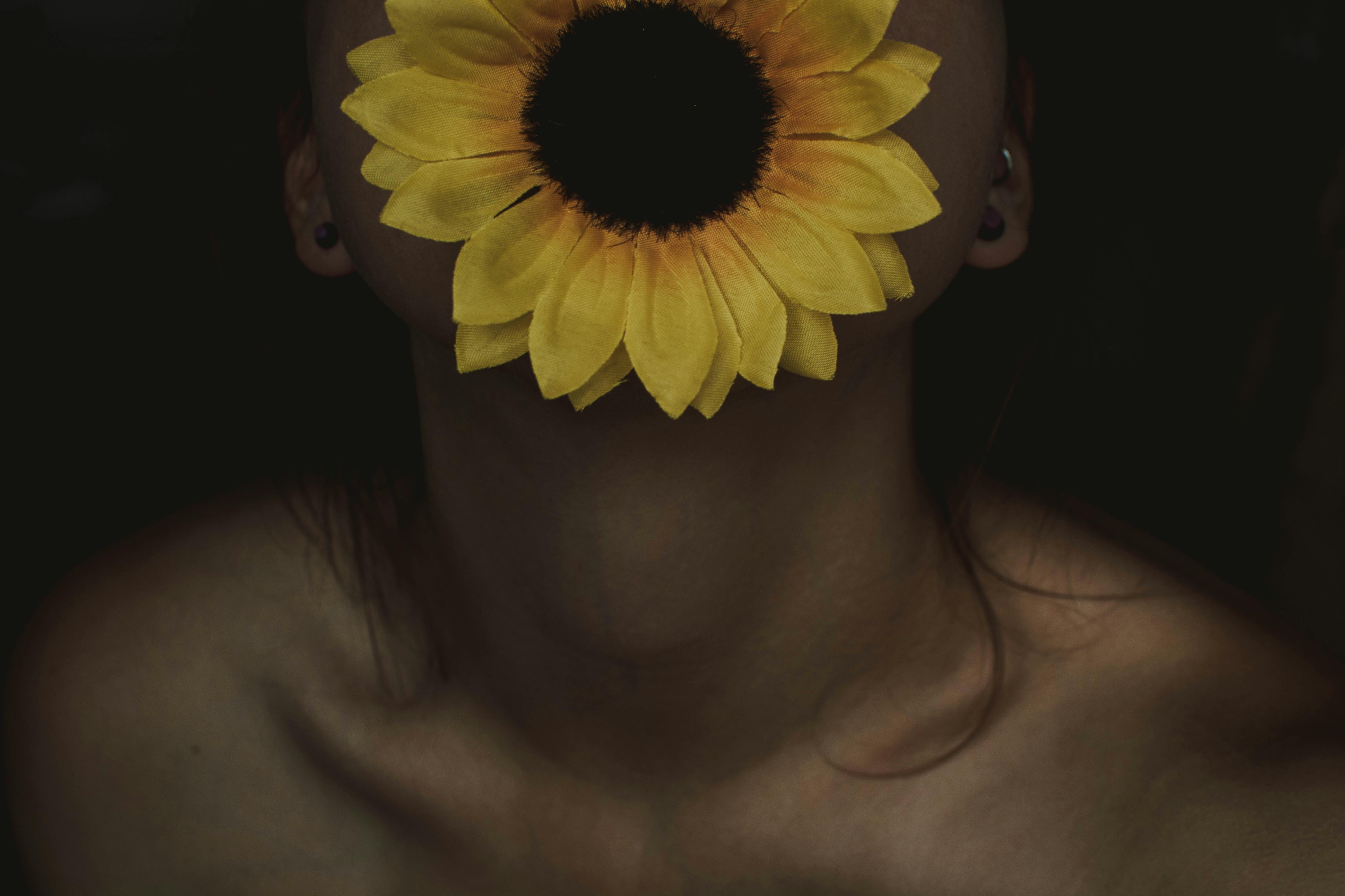 woman biting sunflower on black background