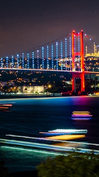 Stunning night view of the illuminated Bosphorus Bridge in İstanbul, showcasing vibrant city lights and colorful reflections on water.