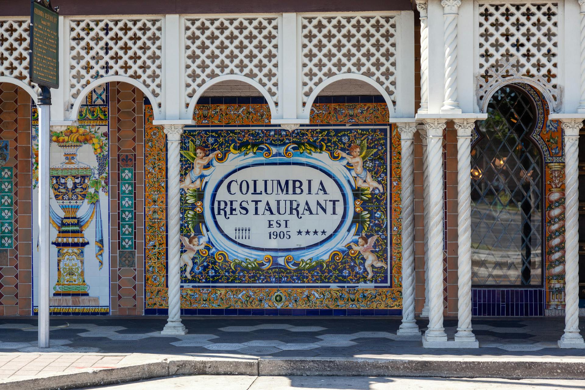 Beautiful mosaic and architectural design of Columbia Restaurant facade in Tampa.