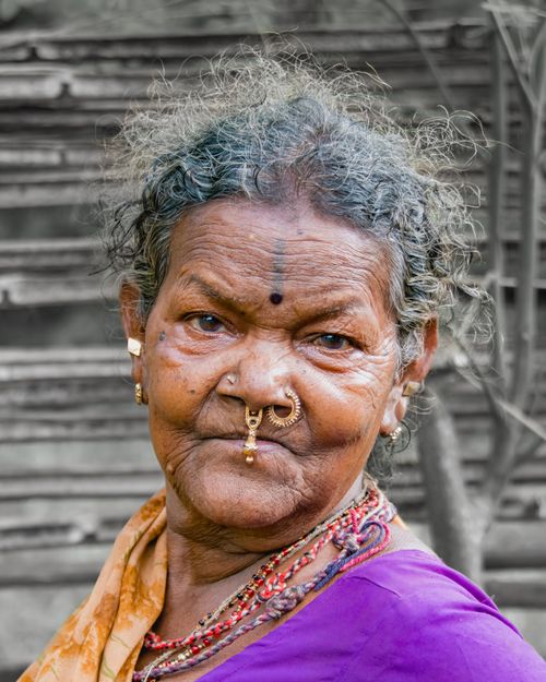 Free Elderly South Asian woman with nose piercings and sari, deep in thought. Stock Photo
