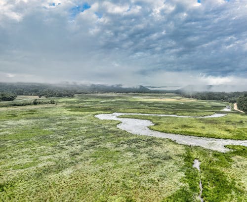 Green Grass Field Under Cloudy Sky