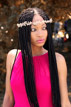 一位美丽的非洲女子穿着时尚的粉色连衣裙，留着辫子发型，在户外摆出姿势