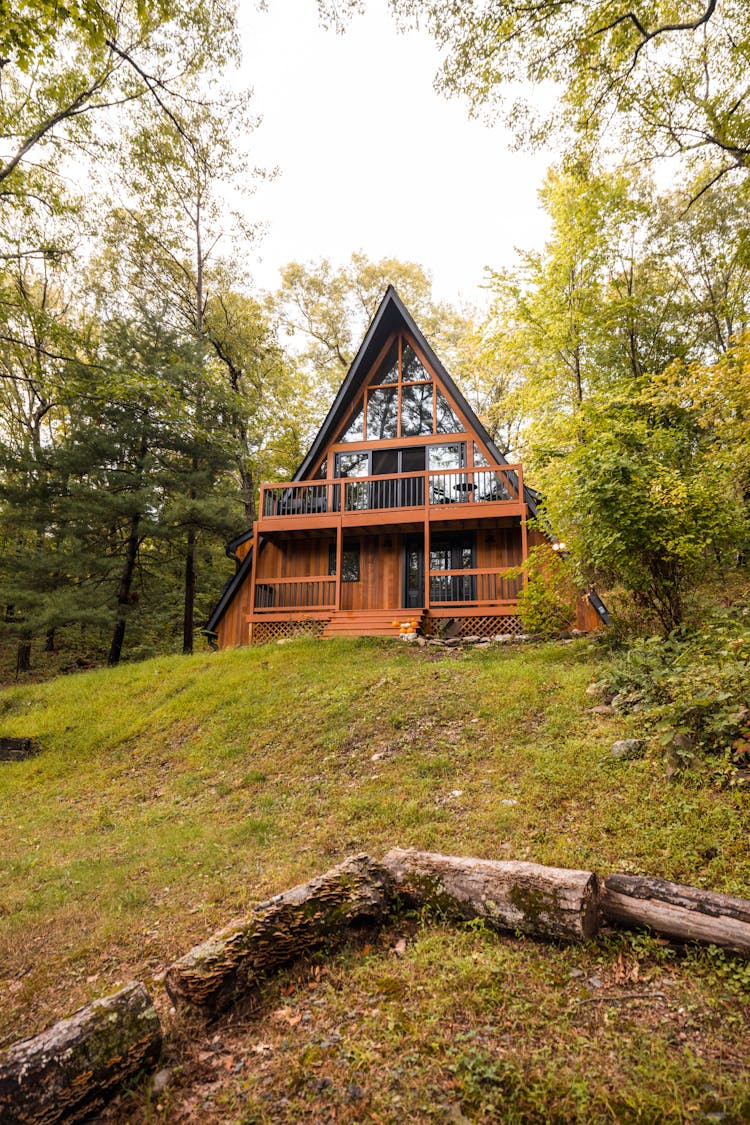 Brown Wooden House On A Hill Surrounded By Trees