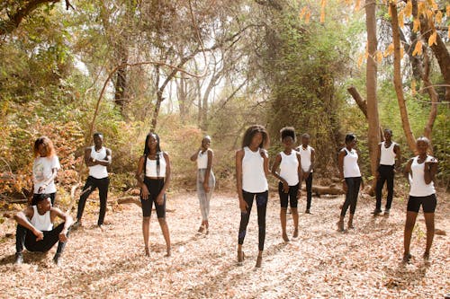 People Wearing White Tank Top Standing on Brown Fallen Leaves in the Forest
