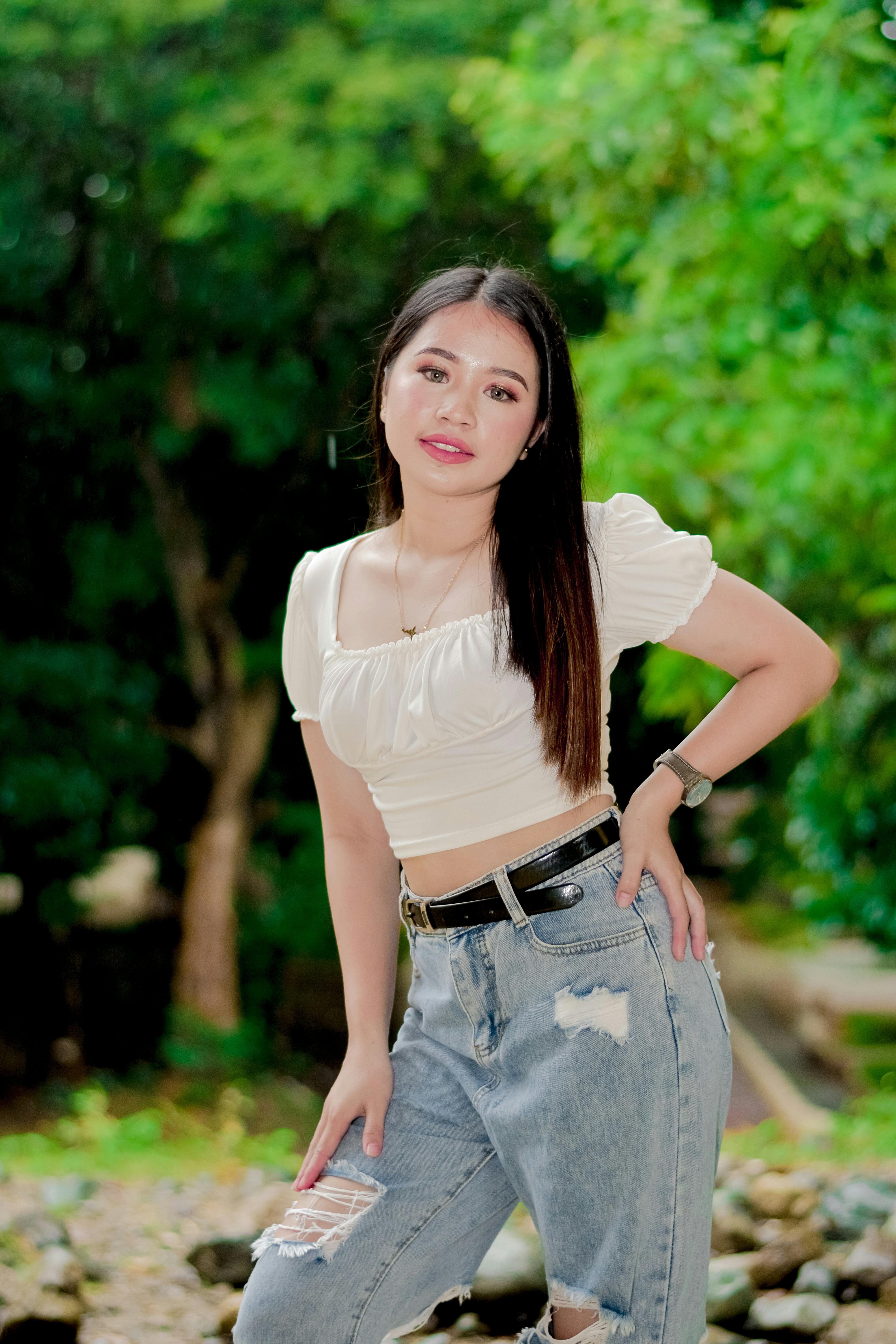 White crop top and clearance ripped jeans