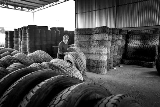 An Asian man working in a monochrome warehouse filled with stacked tires, emphasizing industrial labor.