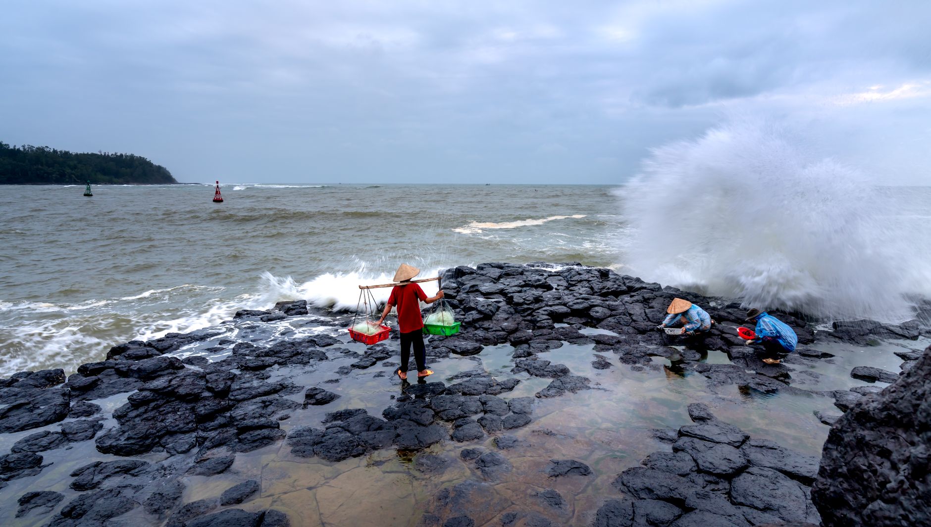 Fishermen collecting seafood on a rocky shoreline with waves crashing in.