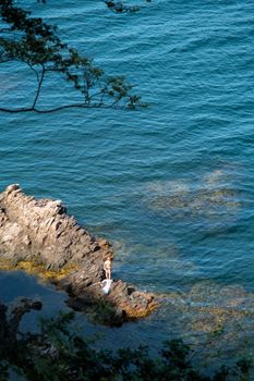 A woman in a bikini stands on a rocky shoreline by the ocean, enjoying a summer day.