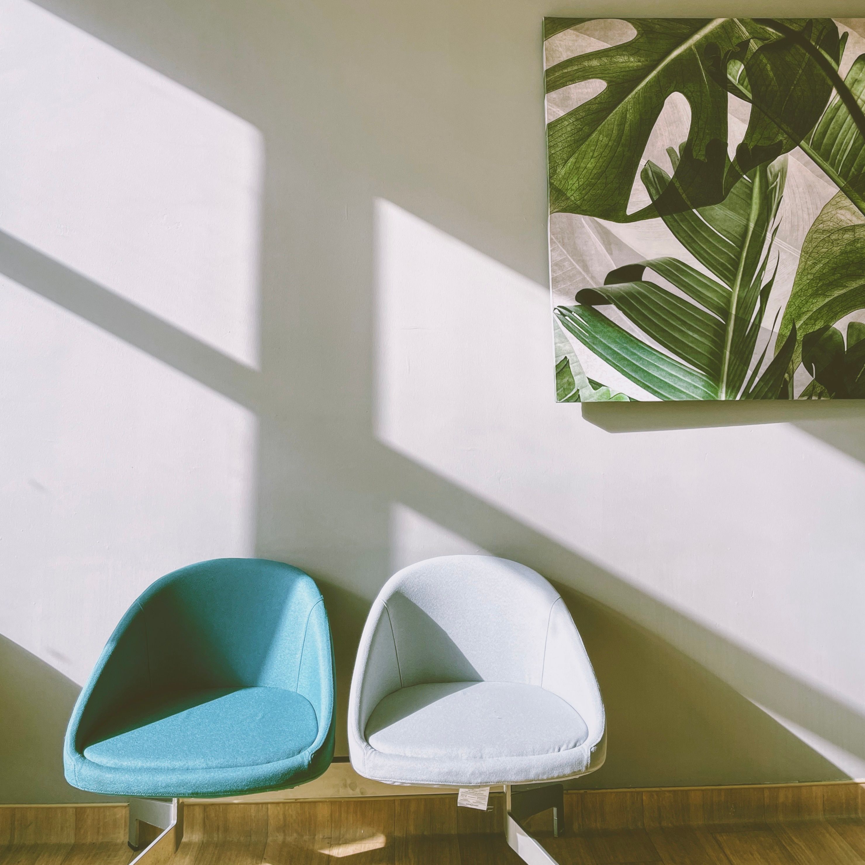 Stylish modern interior featuring two chairs and vibrant leaf artwork on a sunlit wall.