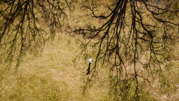 Drone shot capturing person amid tree shadows on field in Nice, France.