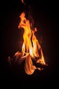 在黑暗背景下，充满活力的火焰激烈地吞没了木柴的特写镜头