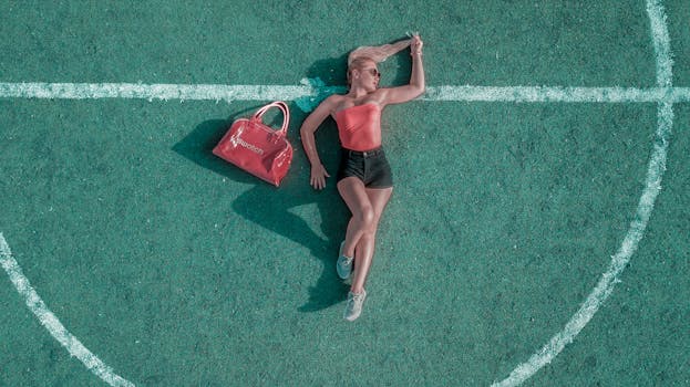 Aerial shot of a woman relaxing on a sports field in Dubai, with a red bag.