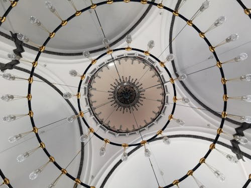 Crystal Chandelier Hanging on an Intricate Ceiling