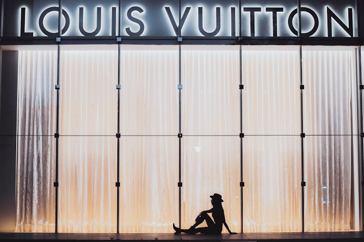 Woman Sitting Near Louis Vuitton Wall And Windows