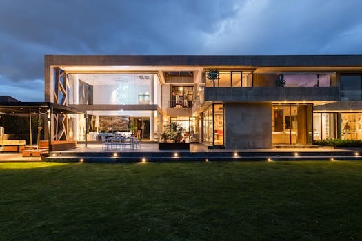 Explore a contemporary villa with a stunning facade, illuminated at dusk, highlighting its modern architecture.