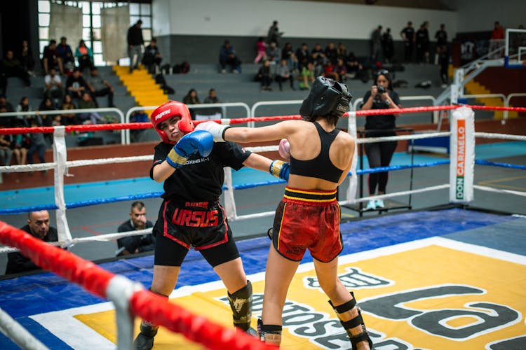 People Watching A Boxing Match Of Women