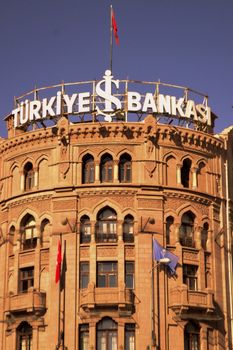 A detailed view of the Türkiye Bankası building facade, showcasing architectural design.