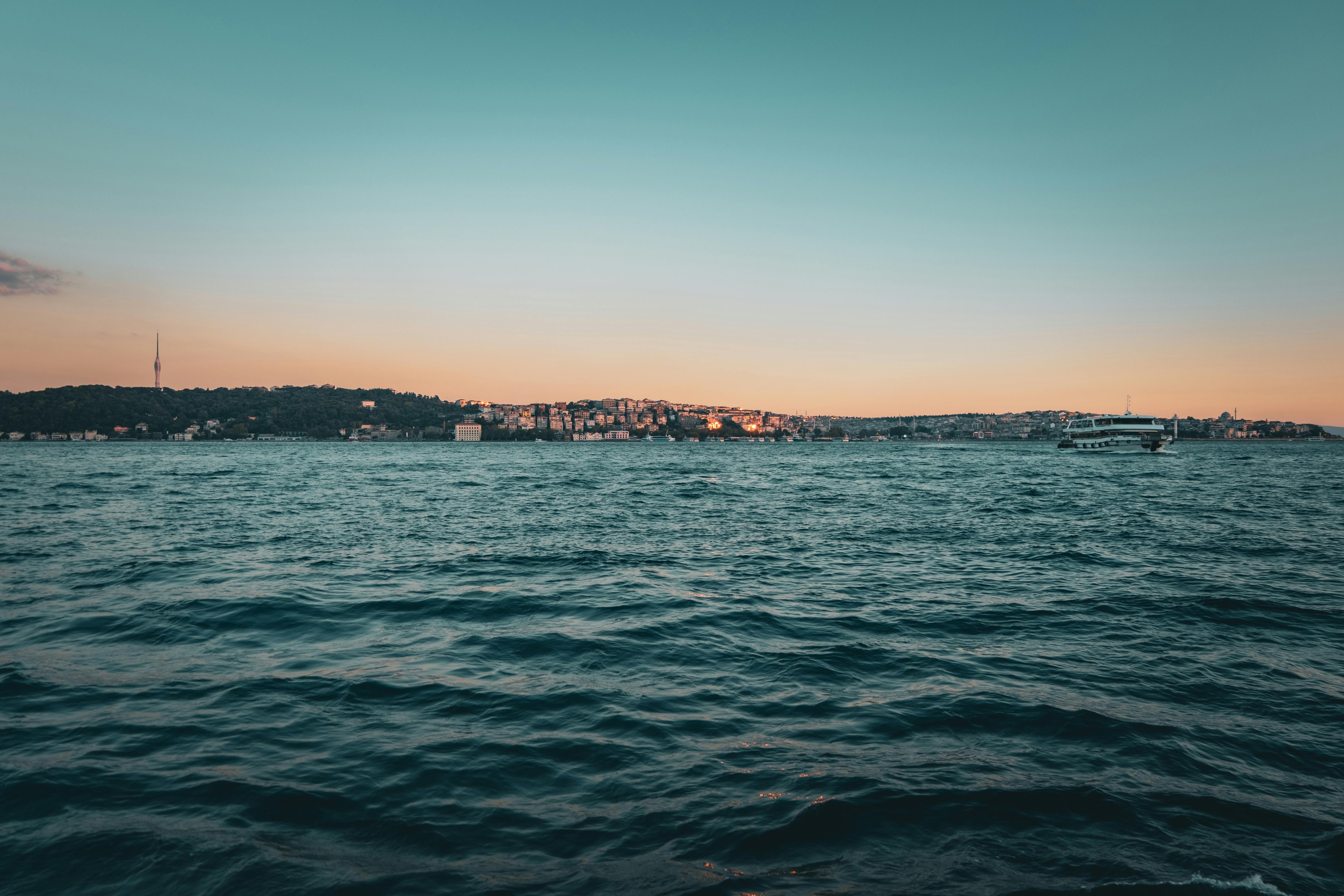 Istanbul Bosphorus skyline at sunset along the coastline