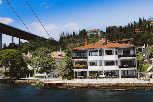 Casa Di Cemento Bianca Vicino Al Mare Dietro Gli Alberi