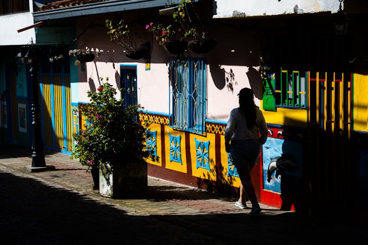 Woman Walking Near Colorful Building Wall